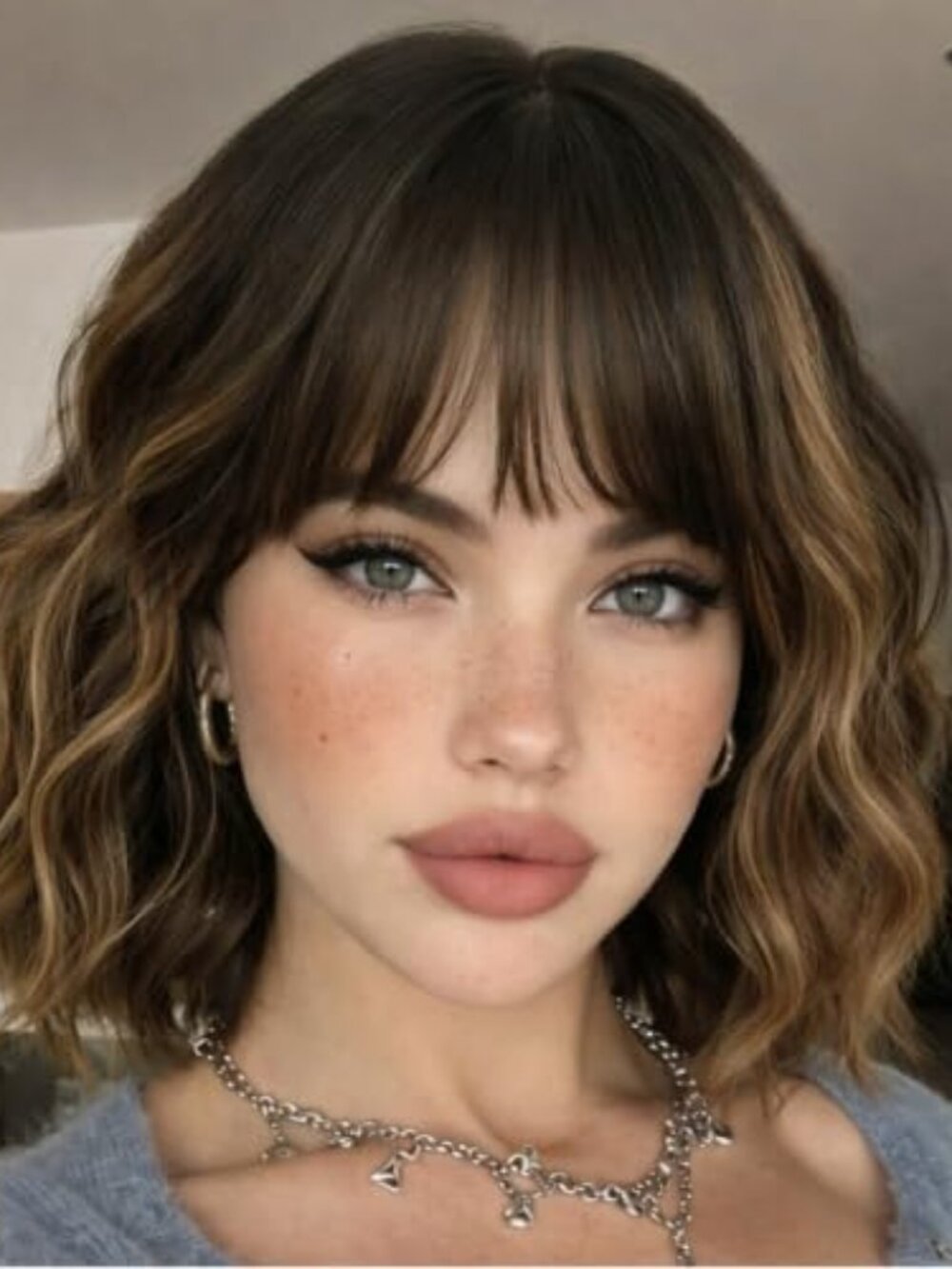 Ombre Brown with Chestnut Highlights Wavy Bob Wig with Bangs 12 Inch